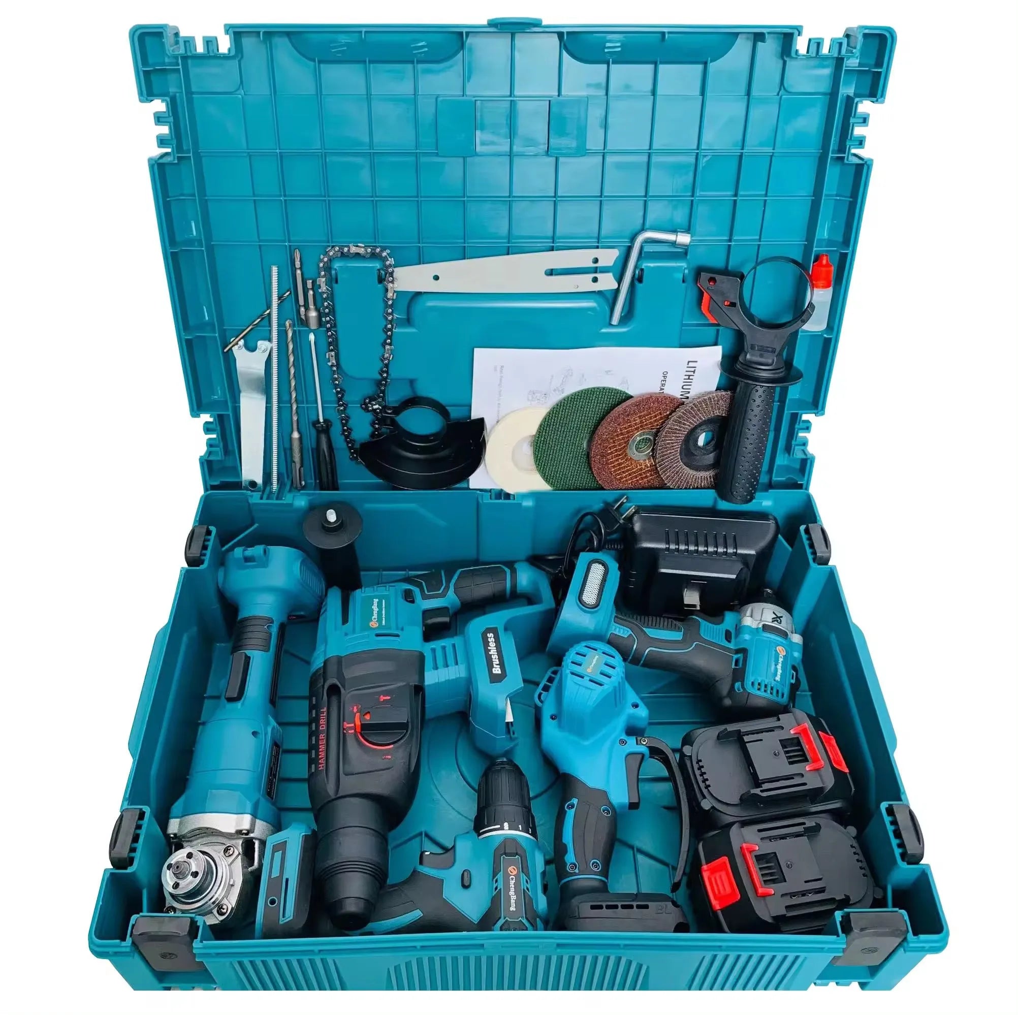 5-Piece Cordless Power Tool Kit – Brushless Angle Grinder, Hammer Drill, Chain Saw & Wrench