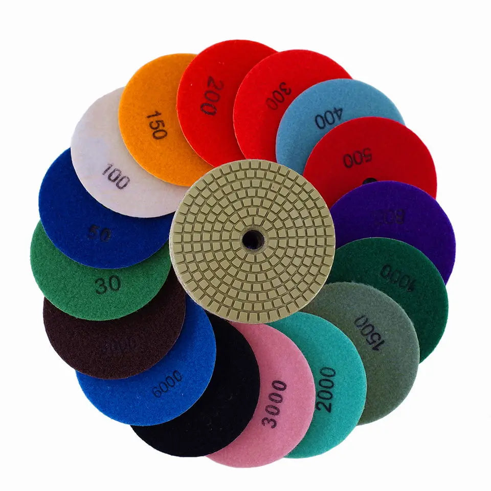 RIJILEI 16PCS 4 Inch Stone Polishing Pad Kit 100mm Dry/Wet Polishing Pads