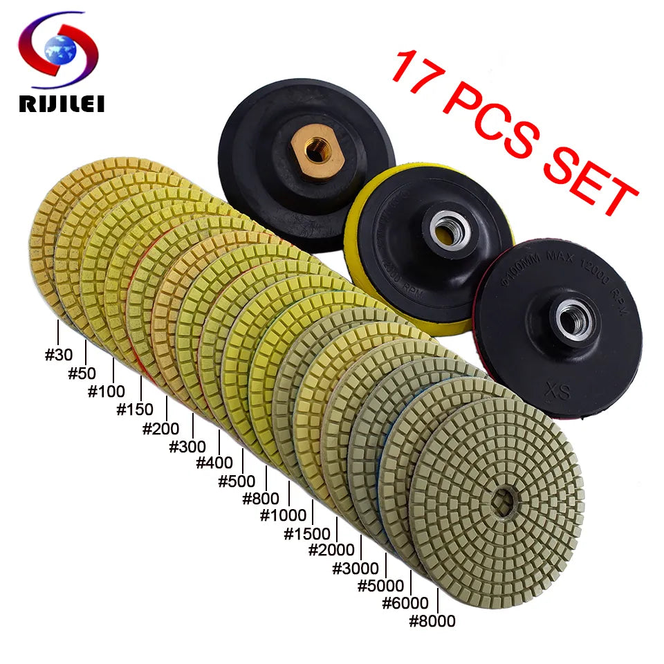 RIJILEI 16PCS 4 Inch Stone Polishing Pad Kit 100mm Dry/Wet Polishing Pads