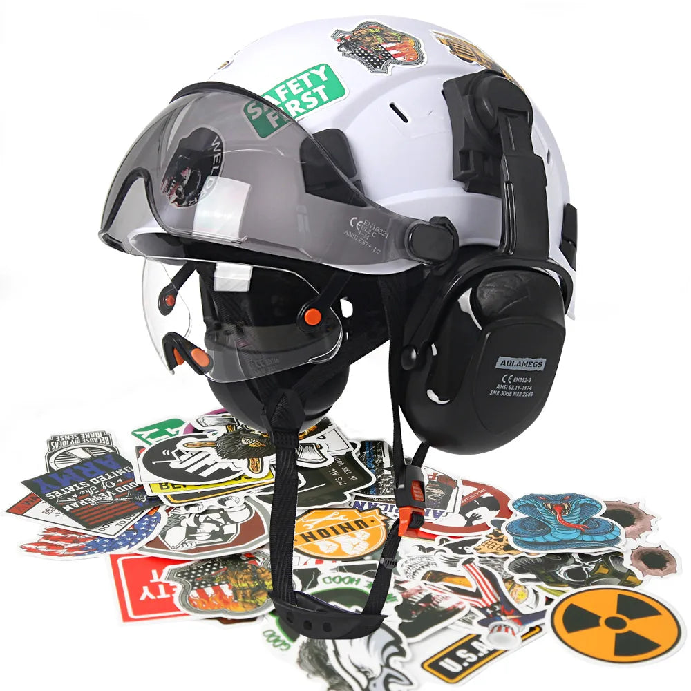 CE Construction Safety Helmet W/ Double Goggles Earmuffs ABS Hard Hat
