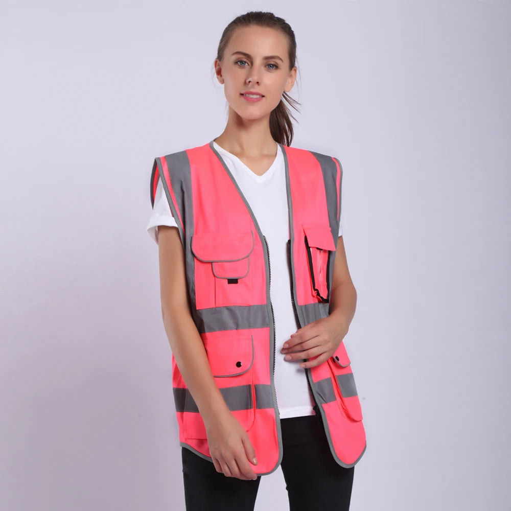 Pink Work Vest for Women Hi Vis Vest With Pockets and Zipper Uniforms