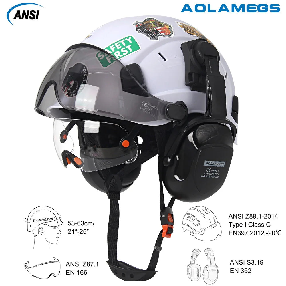 CE Construction Safety Helmet W/ Double Goggles Earmuffs ABS Hard Hat