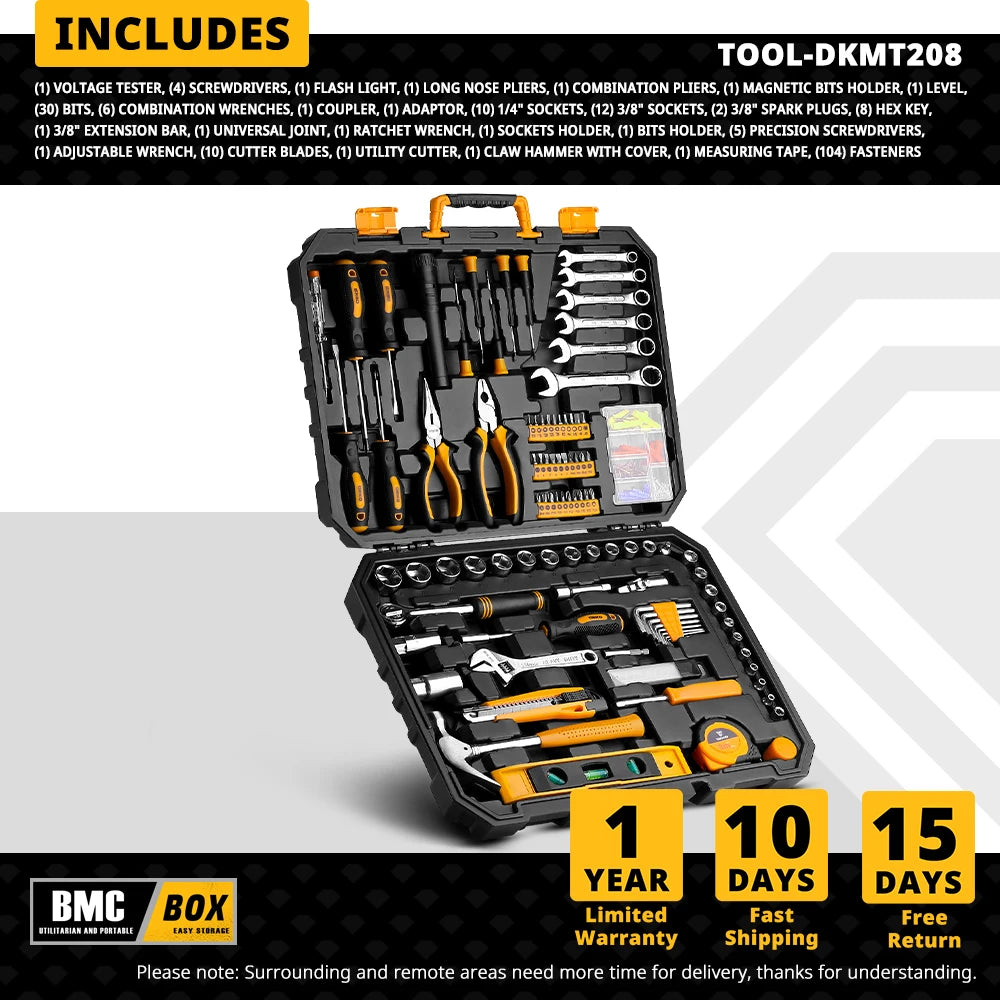 DEKO 208Pcs Hand Tool Edc. Woodworking Multi Tools With Tool Box