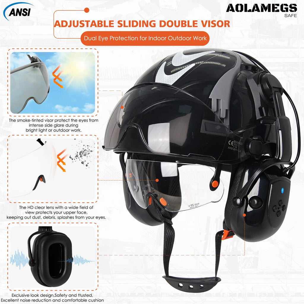 Construction Safety Helmets W/ Bluetooth Earmuffs Built-In Goggles Visor