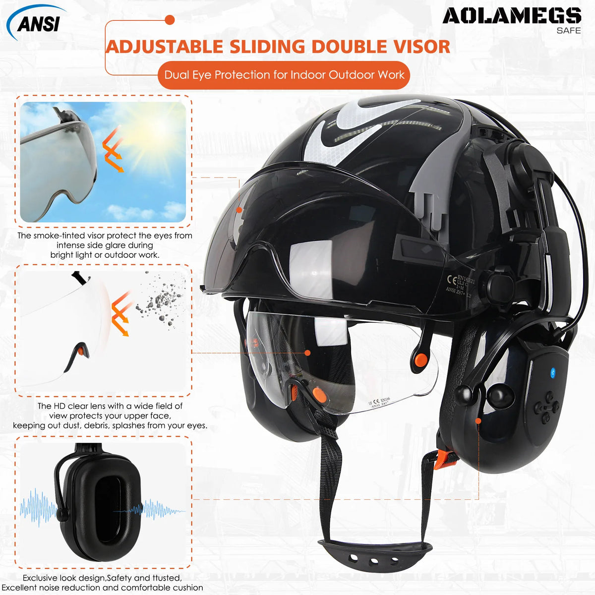 Construction Safety Helmets W/ Bluetooth Earmuffs Built-In Goggles Visor