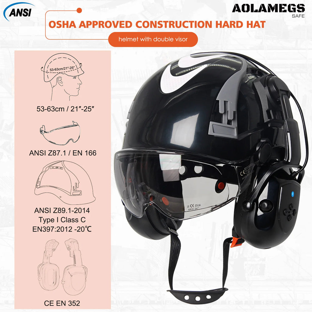 Construction Safety Helmets W/ Bluetooth Earmuffs Built-In Goggles Visor