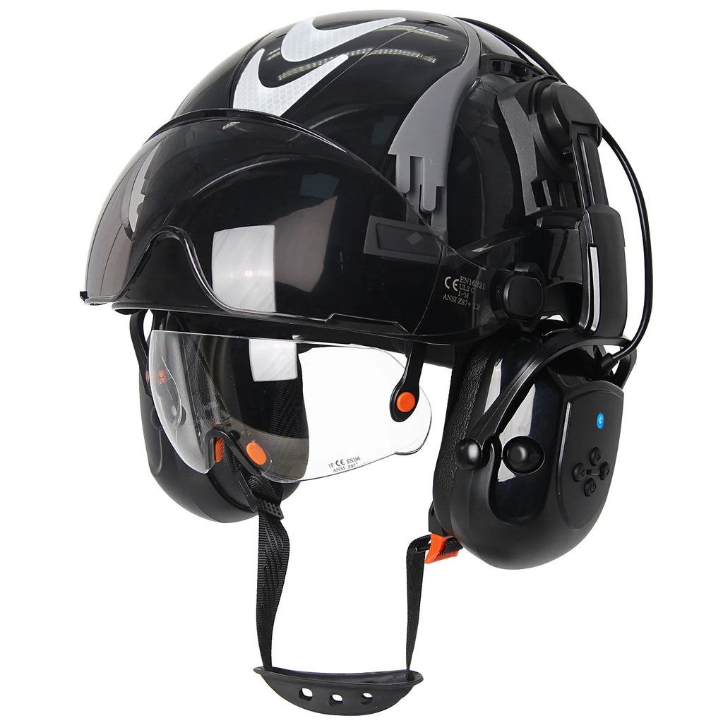 Construction Safety Helmets W/ Bluetooth Earmuffs Built-In Goggles Visor