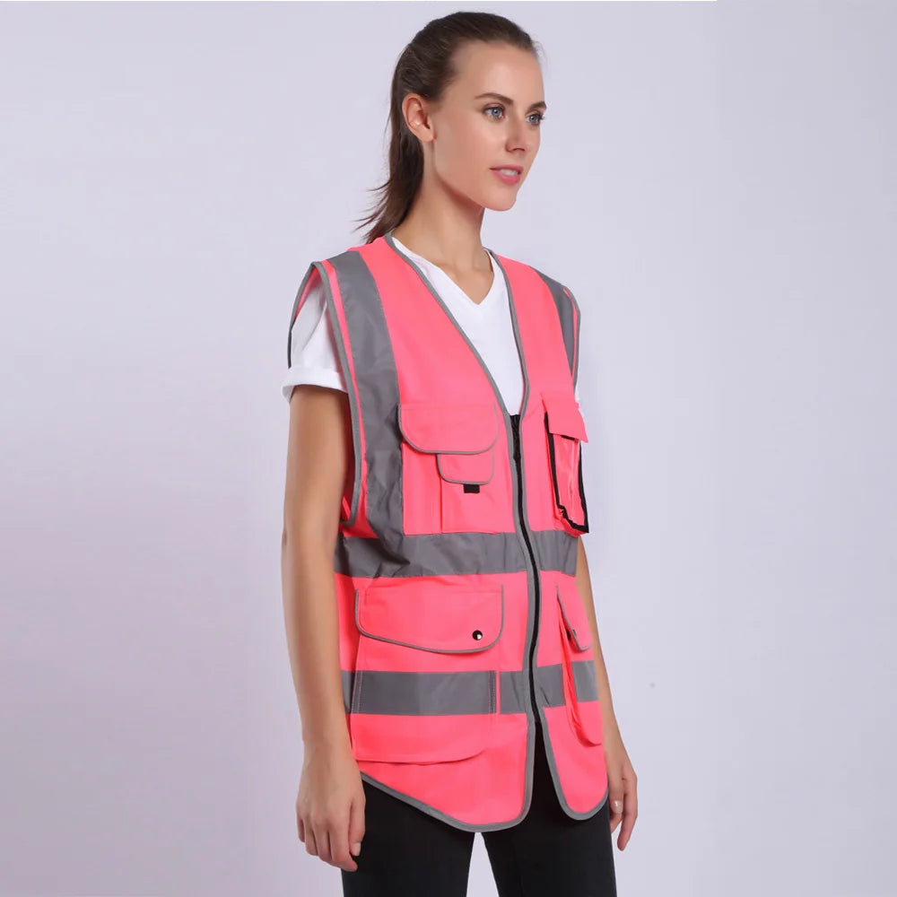 Pink Work Vest for Women Hi Vis Vest With Pockets and Zipper Uniforms