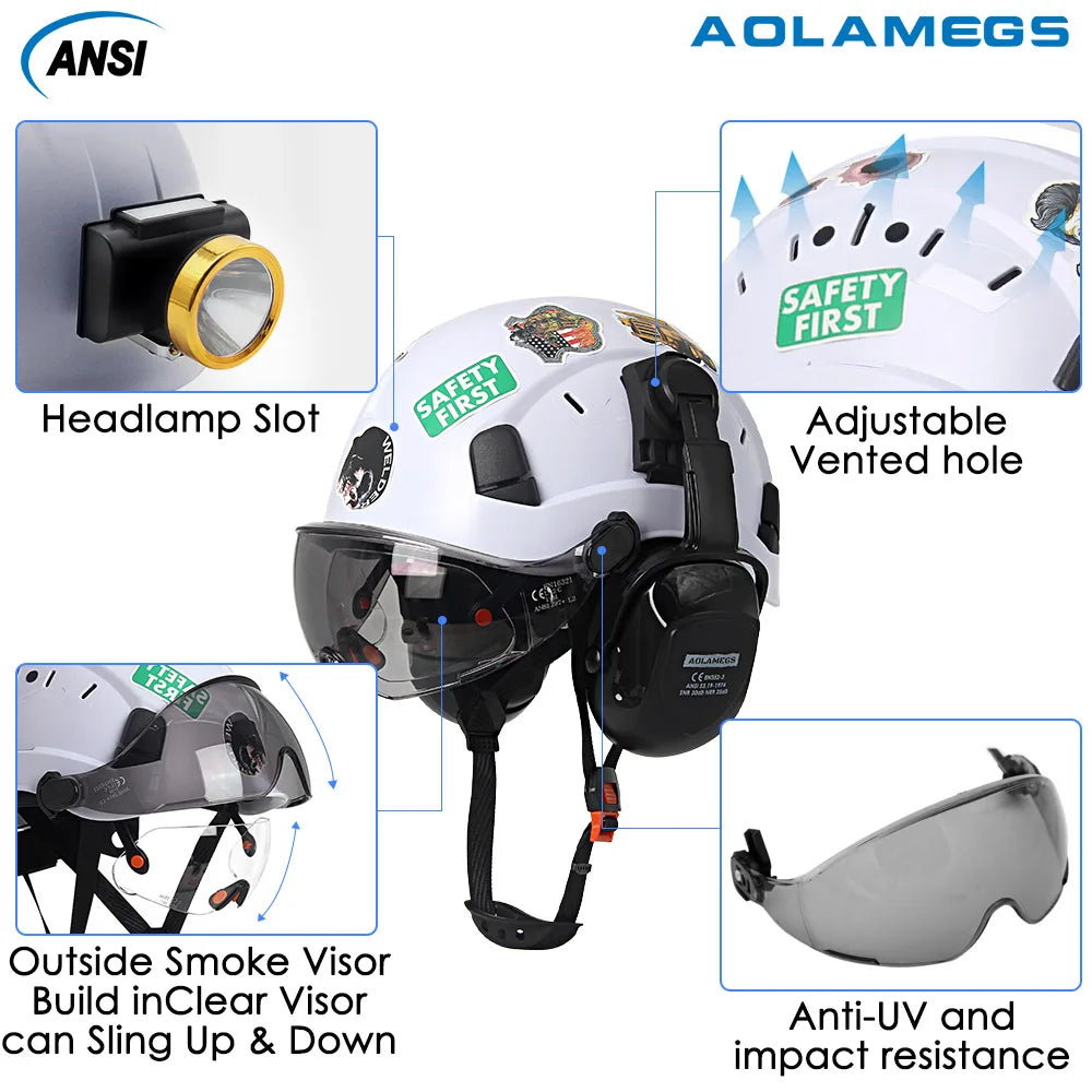 CE Construction Safety Helmet W/ Double Goggles Earmuffs ABS Hard Hat