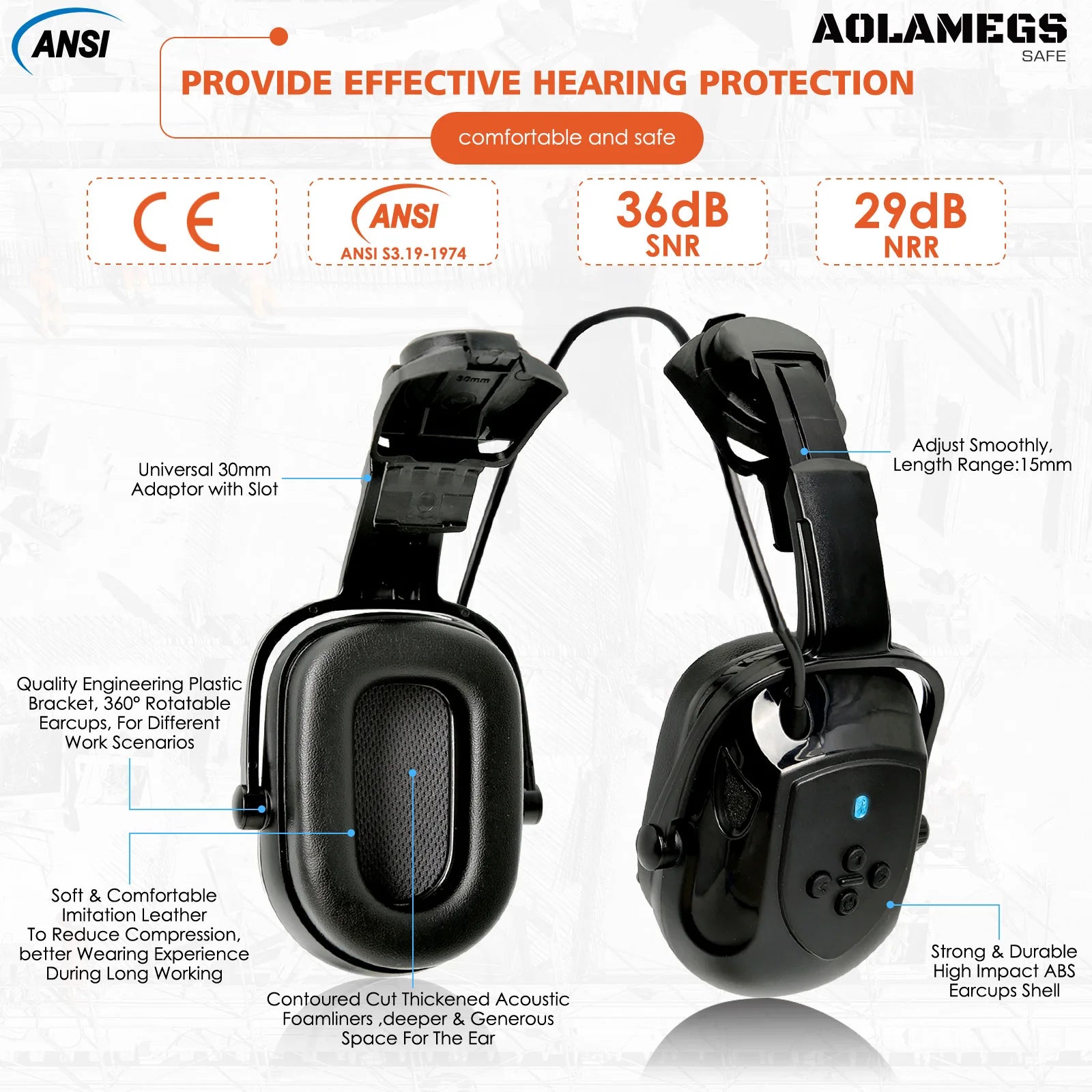 Construction Safety Helmets W/ Bluetooth Earmuffs Built-In Goggles Visor